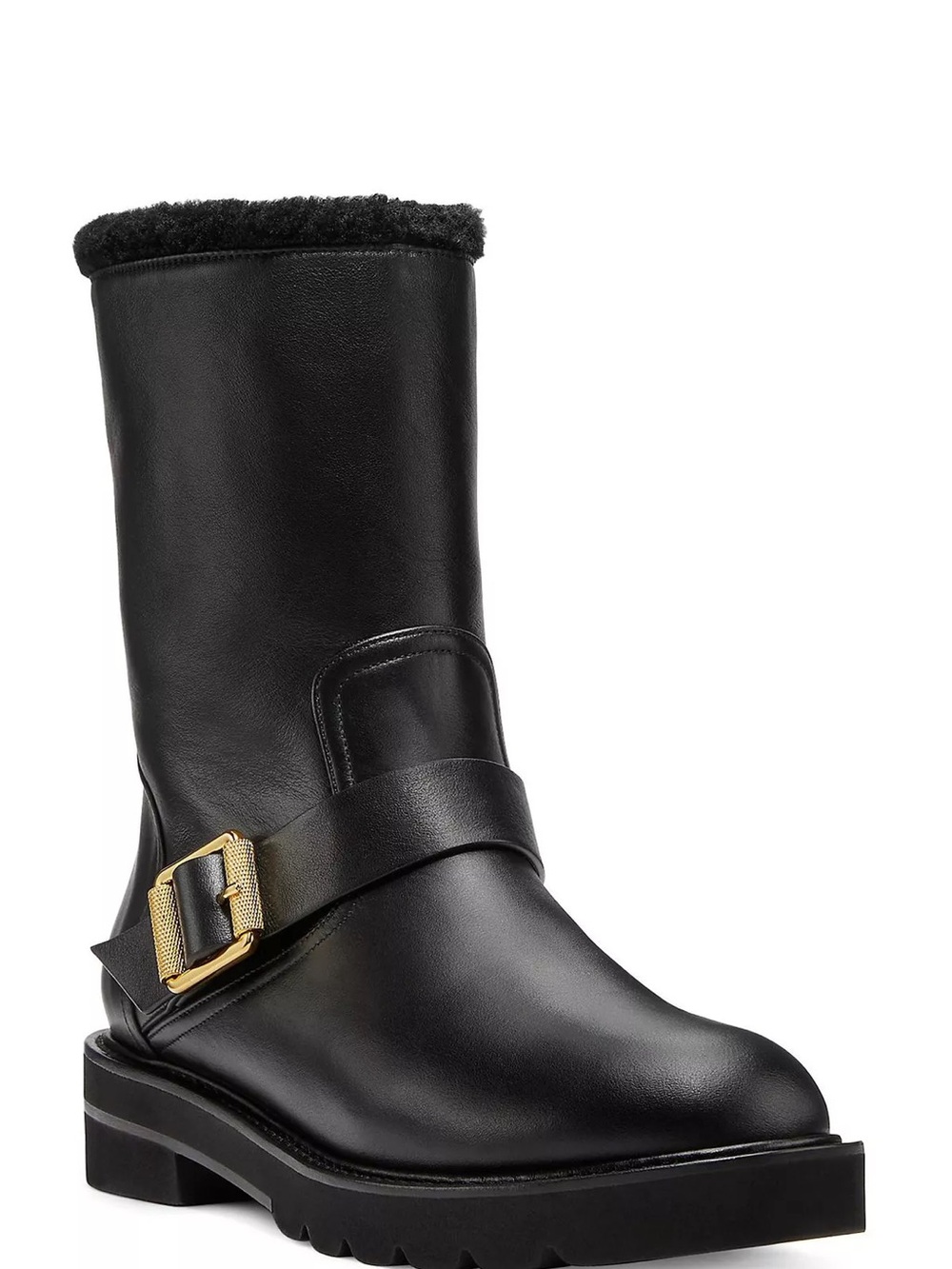 Stuart Weitzman Shearling Lined Moto Boots Black Leather Gold Buckle Size 7.5